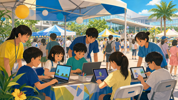 南遊祭のCoderDojoブースで子どもたちがゲーム体験を楽しむイメージ