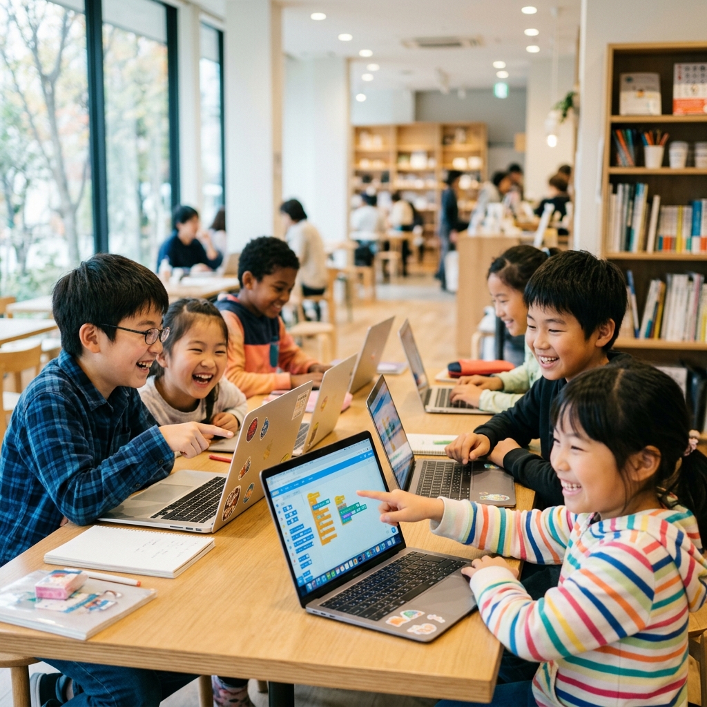 子どもたちが楽しくプログラミングを学んでいる様子